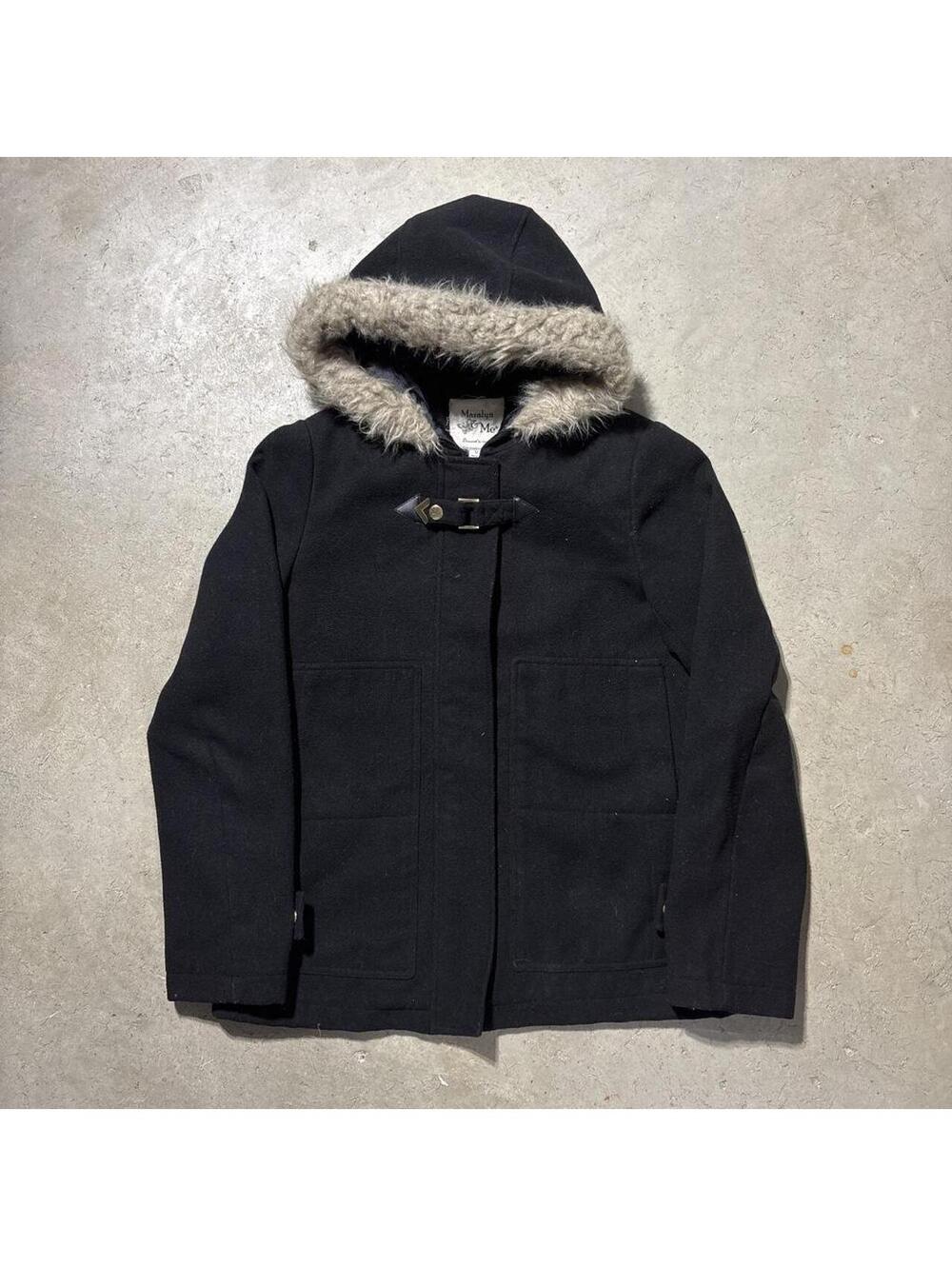 Vintage 90s Maralyn & Me Black Wool Coat Faux Fur Hood Womens M Toggle Jacket